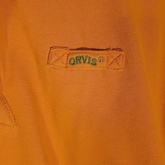 Orvis Mens Orange Polo Shirt W/ Black Patches Made In Peru L-T - Picture 2 of 9